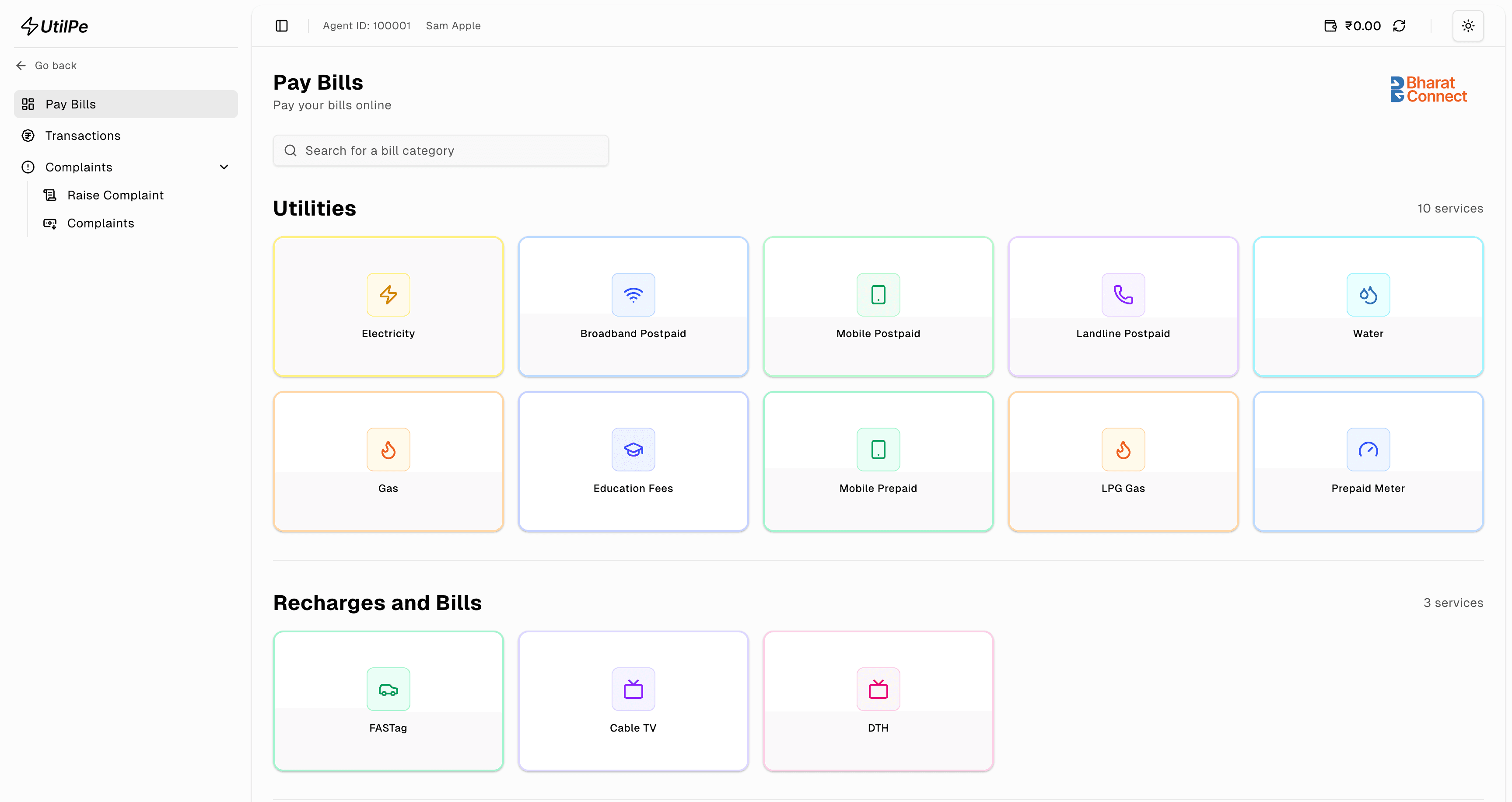 UtilPe Pay Bills interface showing all available utility categories and service providers