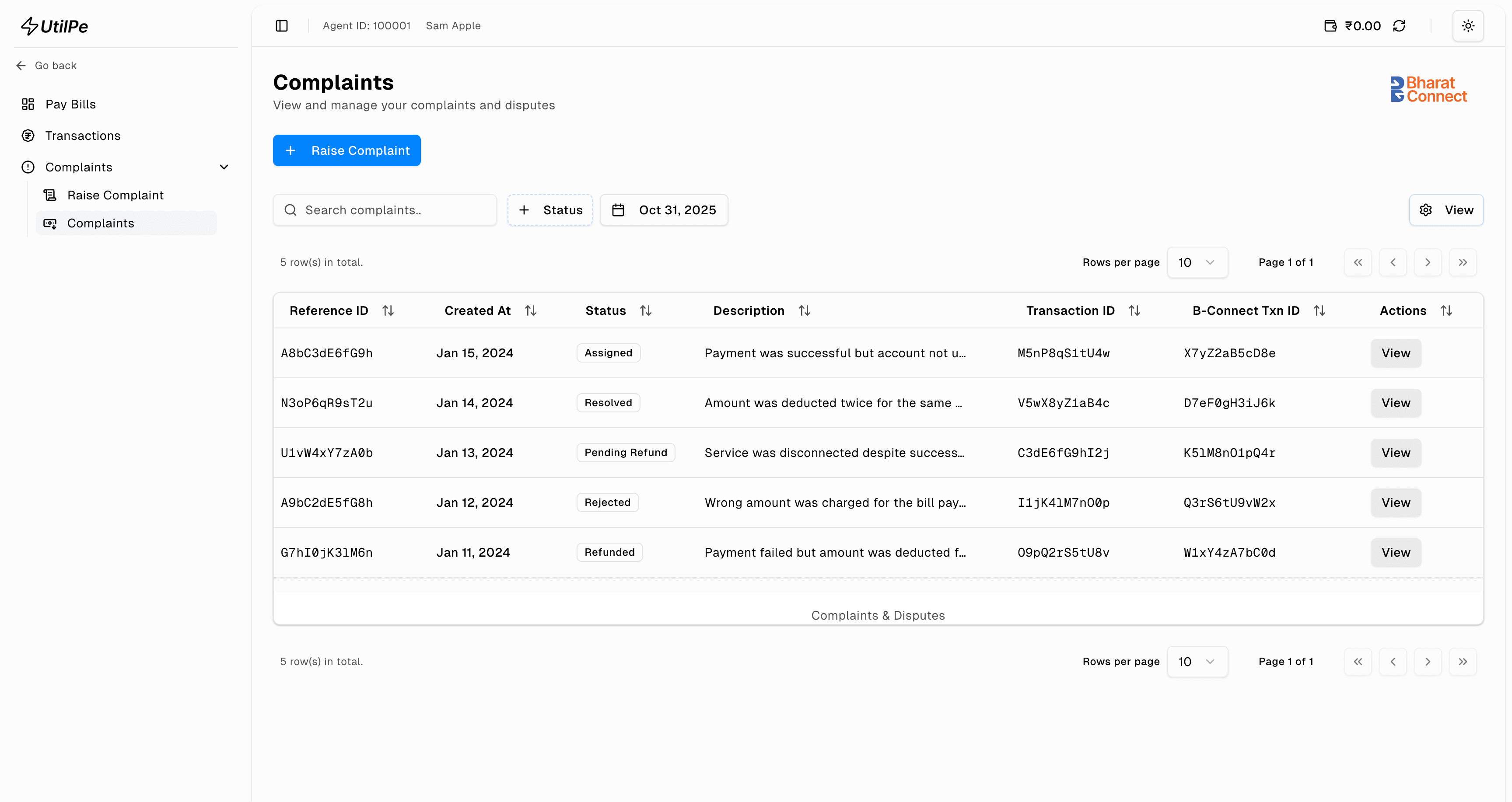 UtilPe Complaints dashboard showing complaint management interface