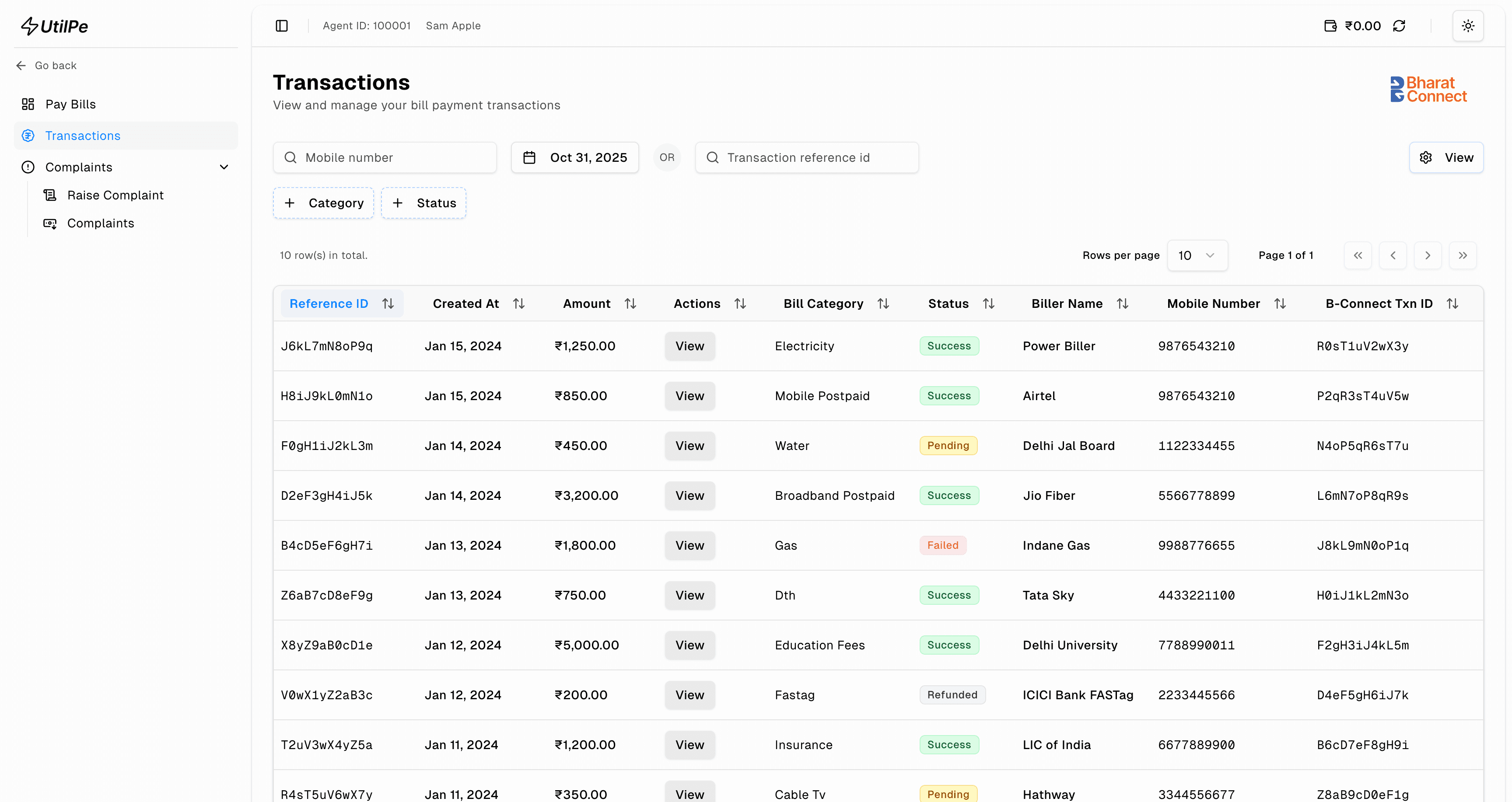 UtilPe Transactions Dashboard showing payment history with multiple categories